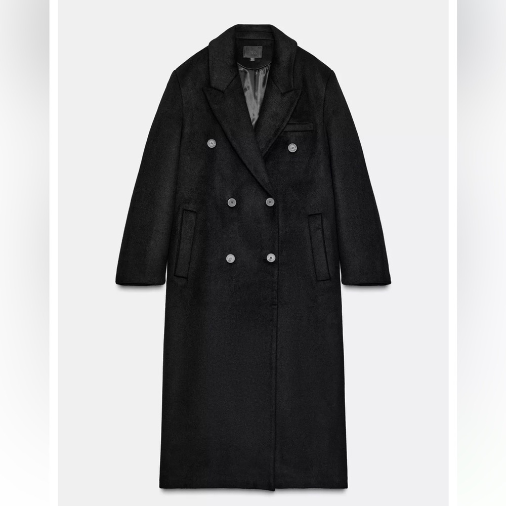 Zara Long wool blend Black Double-Breasted Coat - Picture 9 of 12